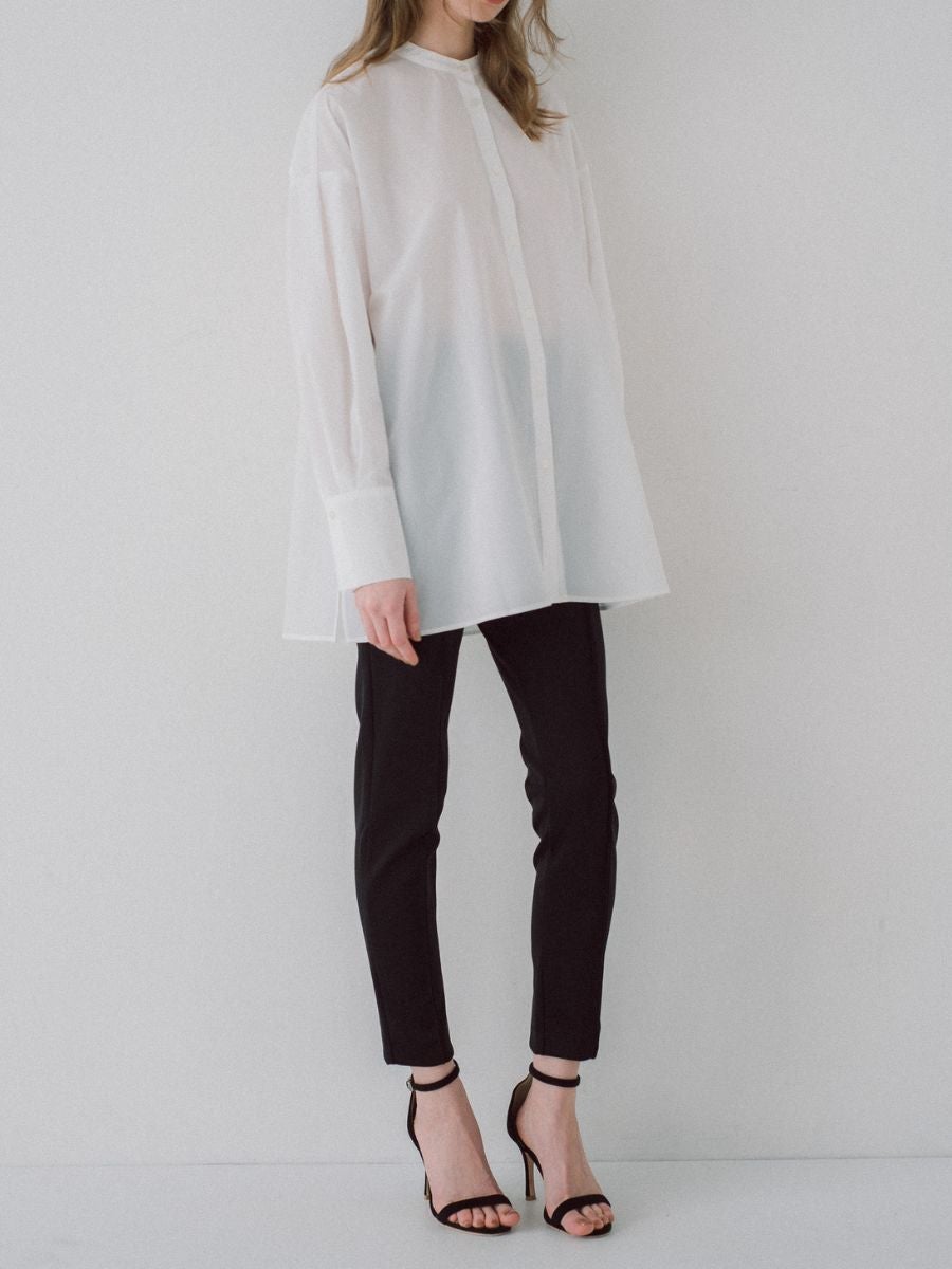 collarless oversized shirt 着こなし