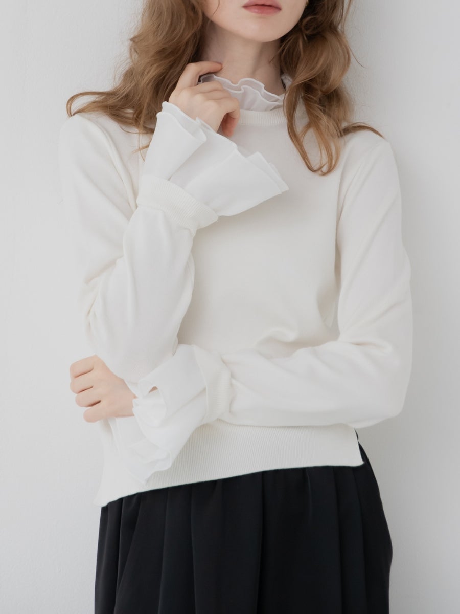 4wayメロウニット white 衿元のオーガンジー