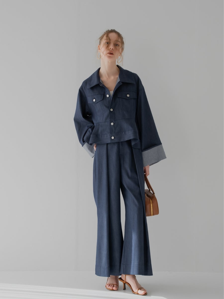 デニムペプラムシャツ denim セゾンワイドパンツとの着用イメージ